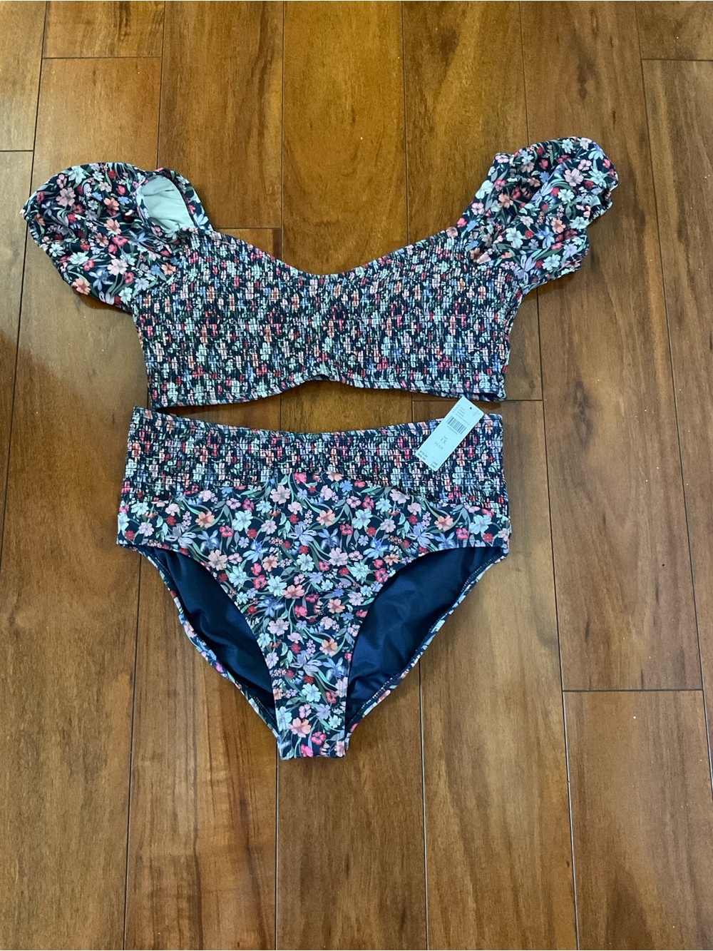 Anthropologie Black Floral Smocked Puff-Sleeve Bikini